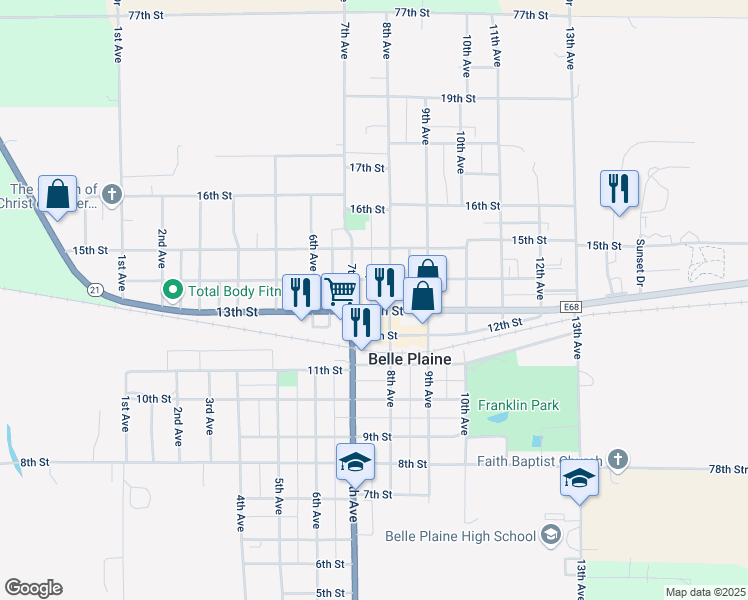 map of restaurants, bars, coffee shops, grocery stores, and more near 702 13th Street in Belle Plaine