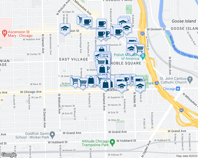 map of restaurants, bars, coffee shops, grocery stores, and more near 847 North Marshfield Avenue in Chicago