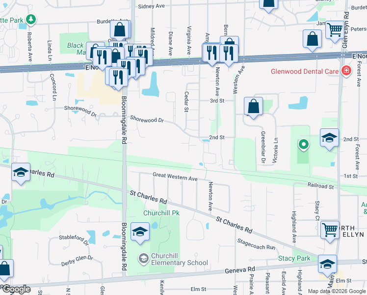 map of restaurants, bars, coffee shops, grocery stores, and more near 1032 Spruce Street in Glendale Heights