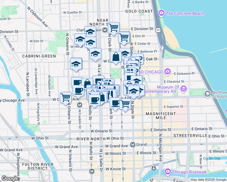 map of restaurants, bars, coffee shops, grocery stores, and more near 833 North Clark Street in Chicago
