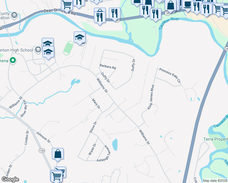 map of restaurants, bars, coffee shops, grocery stores, and more near 155 Duffy Drive in Taunton