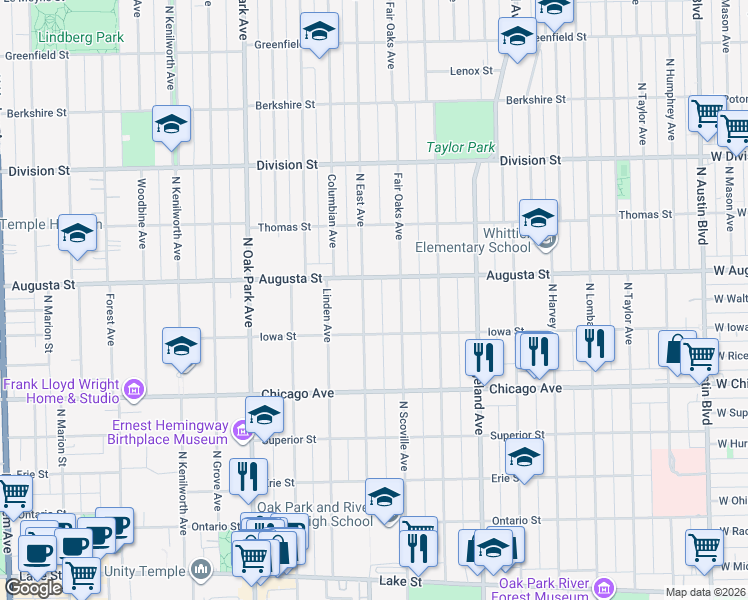 map of restaurants, bars, coffee shops, grocery stores, and more near 645 Fair Oaks Avenue in Oak Park