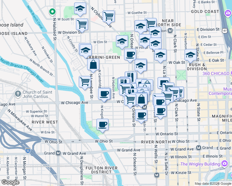 map of restaurants, bars, coffee shops, grocery stores, and more near 361 West Chestnut Street in Chicago