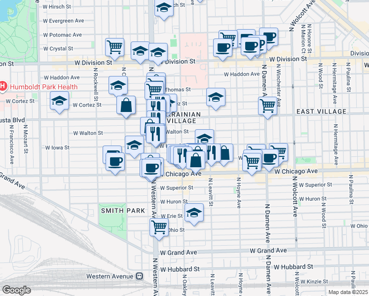 map of restaurants, bars, coffee shops, grocery stores, and more near 855 North Oakley Boulevard in Chicago