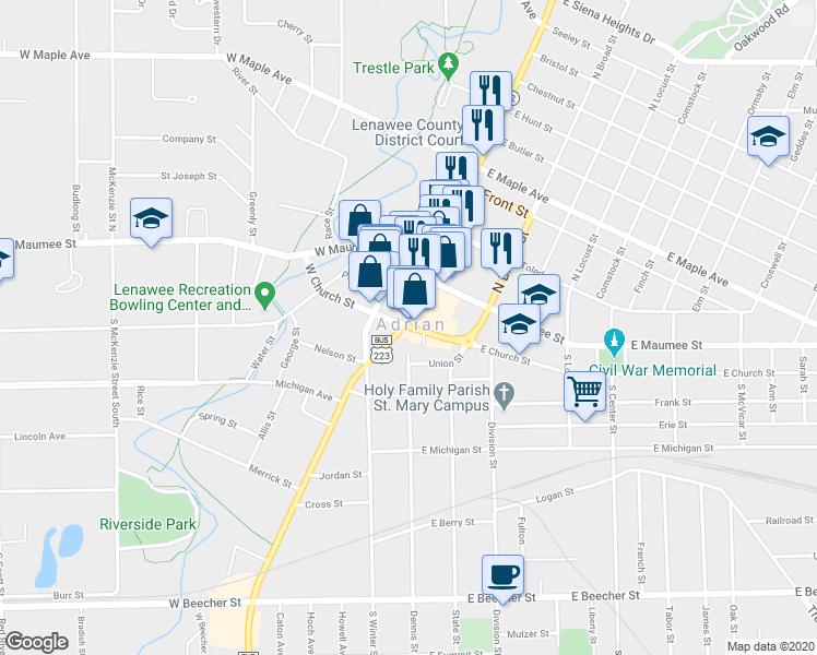 map of restaurants, bars, coffee shops, grocery stores, and more near 110 East Church Street in Adrian