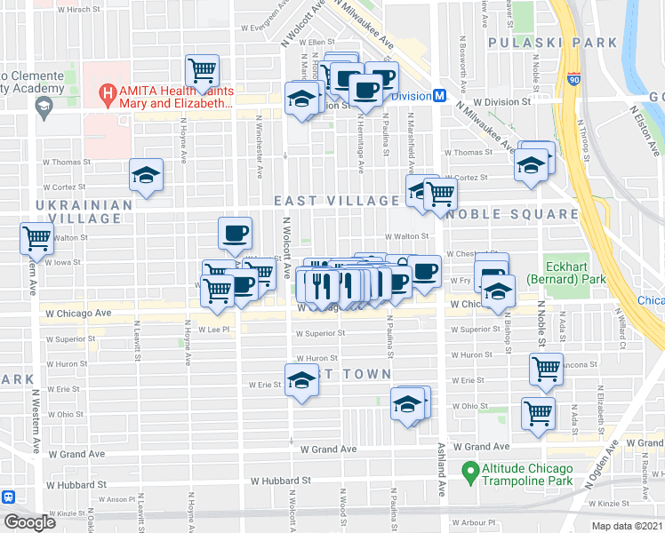 map of restaurants, bars, coffee shops, grocery stores, and more near 903 North Wood Street in Chicago