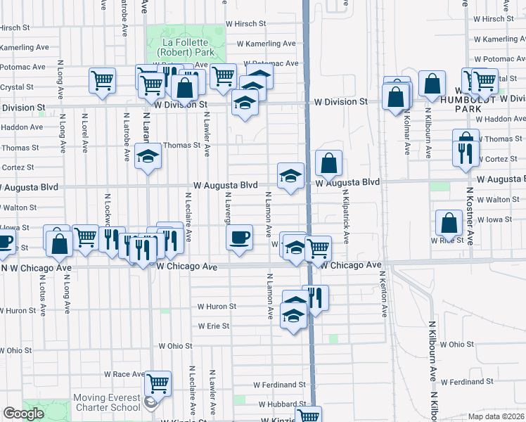 map of restaurants, bars, coffee shops, grocery stores, and more near 934 North Lamon Avenue in Chicago