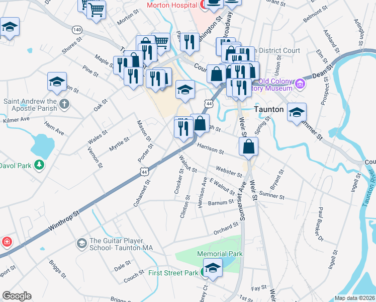 map of restaurants, bars, coffee shops, grocery stores, and more near 68 Winthrop Street in Taunton