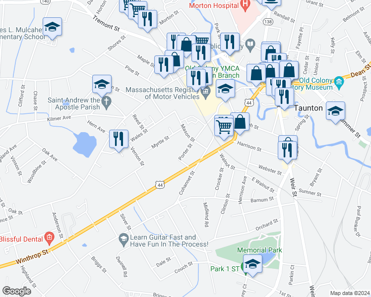 map of restaurants, bars, coffee shops, grocery stores, and more near 39 Porter Street in Taunton