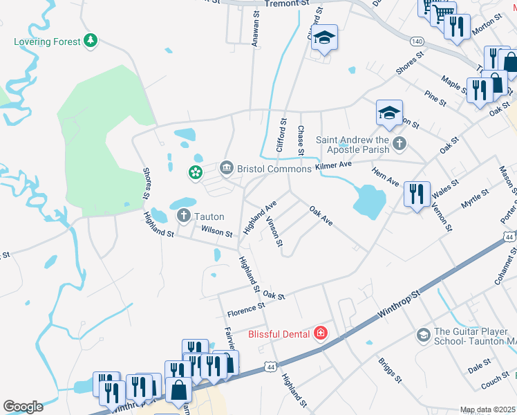 map of restaurants, bars, coffee shops, grocery stores, and more near 11 Grove Avenue in Taunton
