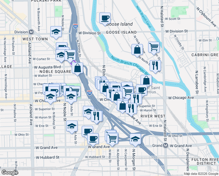 map of restaurants, bars, coffee shops, grocery stores, and more near 856 North May Street in Chicago