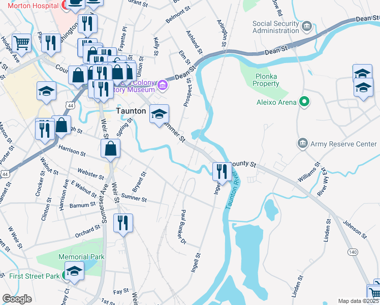 map of restaurants, bars, coffee shops, grocery stores, and more near 88 Summer Street in Taunton