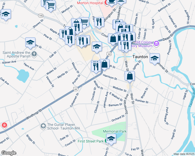 map of restaurants, bars, coffee shops, grocery stores, and more near 73 Winthrop Street in Taunton