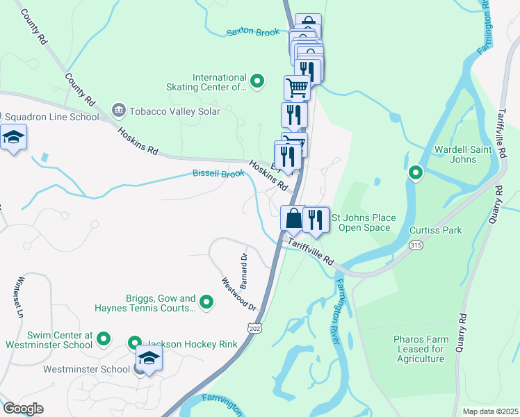 map of restaurants, bars, coffee shops, grocery stores, and more near 1 Hoskins Road in Simsbury