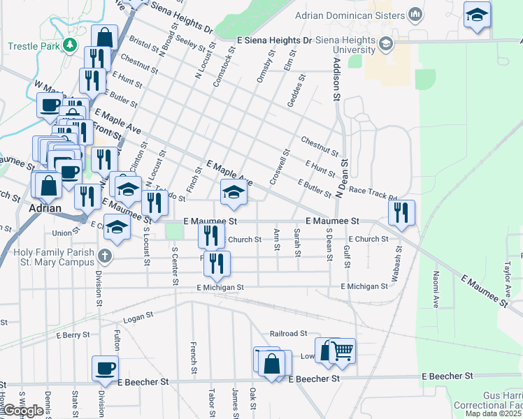 map of restaurants, bars, coffee shops, grocery stores, and more near 917 Croswell Street in Adrian