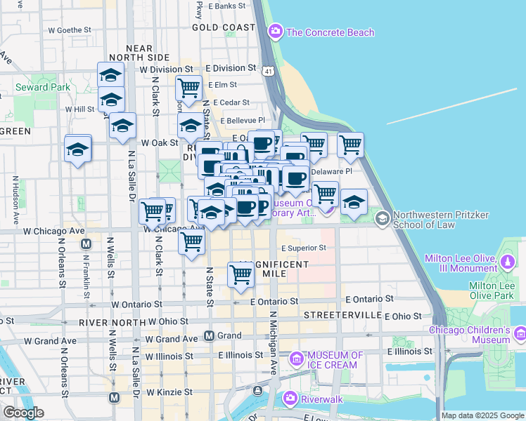 map of restaurants, bars, coffee shops, grocery stores, and more near 835 North Rush Street in Chicago