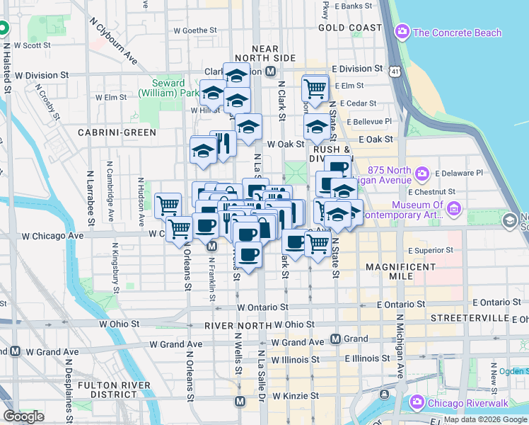 map of restaurants, bars, coffee shops, grocery stores, and more near 840 North LaSalle Drive in Chicago