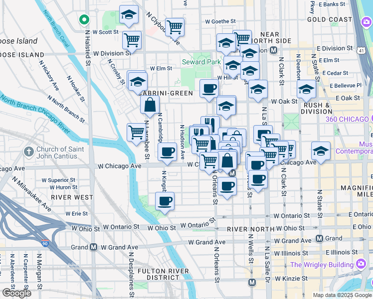 map of restaurants, bars, coffee shops, grocery stores, and more near 361 West Chestnut Street in Chicago