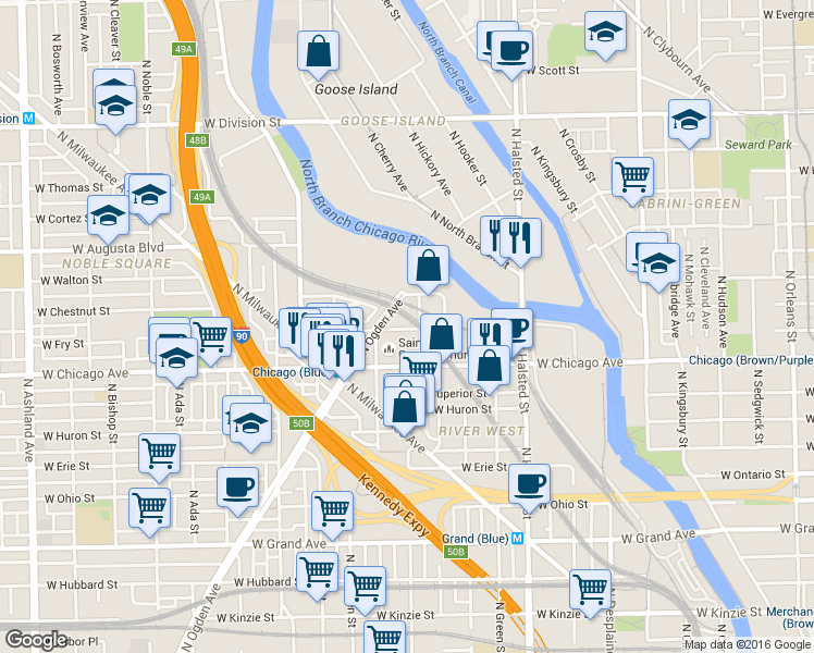 map of restaurants, bars, coffee shops, grocery stores, and more near 860 North Sangamon Street in Chicago