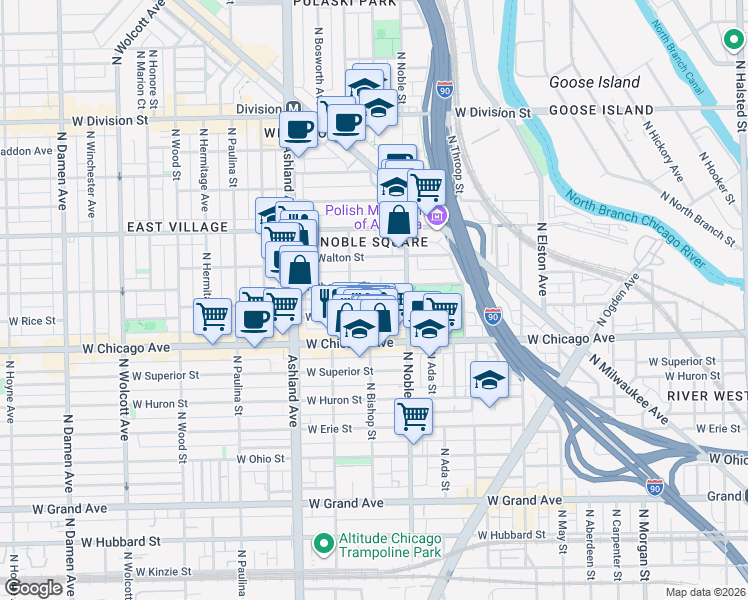 map of restaurants, bars, coffee shops, grocery stores, and more near 1448 West Chestnut Street in Chicago