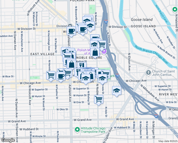 map of restaurants, bars, coffee shops, grocery stores, and more near 1454 West Chestnut Street in Chicago