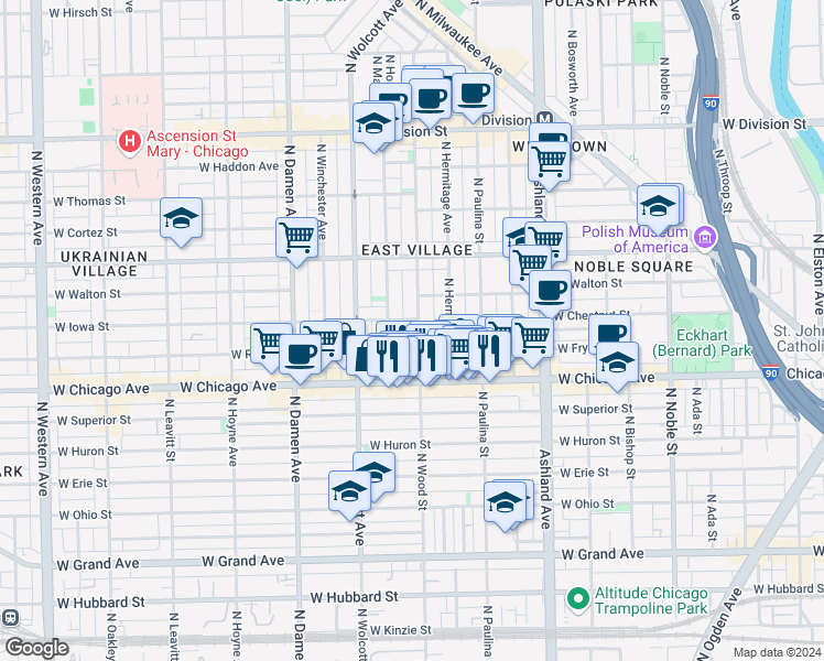 map of restaurants, bars, coffee shops, grocery stores, and more near 903 North Wood Street in Chicago
