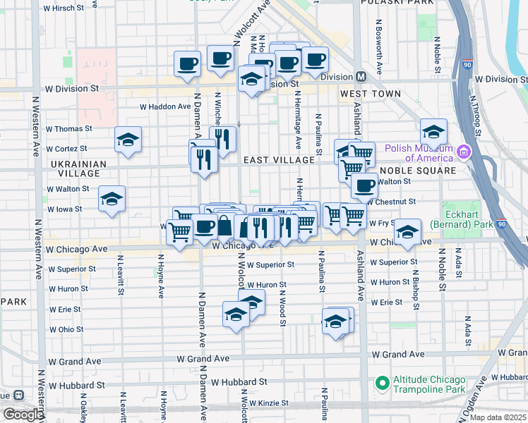 map of restaurants, bars, coffee shops, grocery stores, and more near 1834 West Iowa Street in Chicago