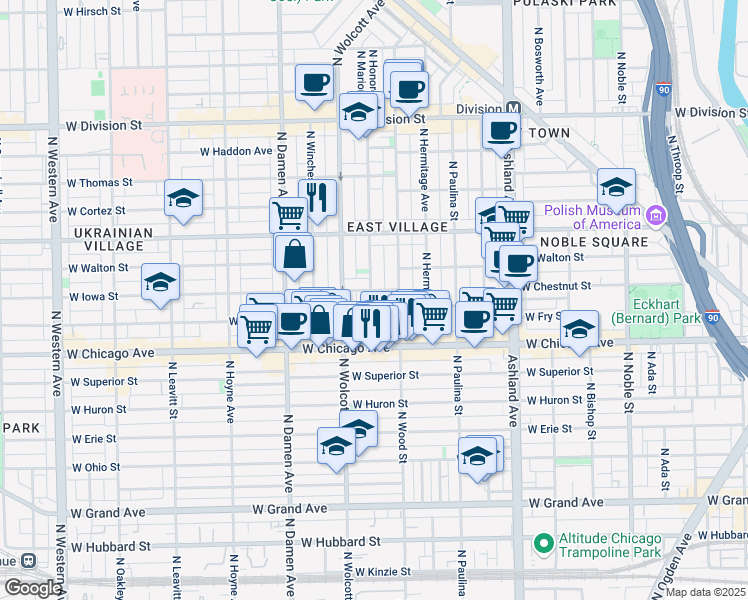 map of restaurants, bars, coffee shops, grocery stores, and more near 1834 West Iowa Street in Chicago