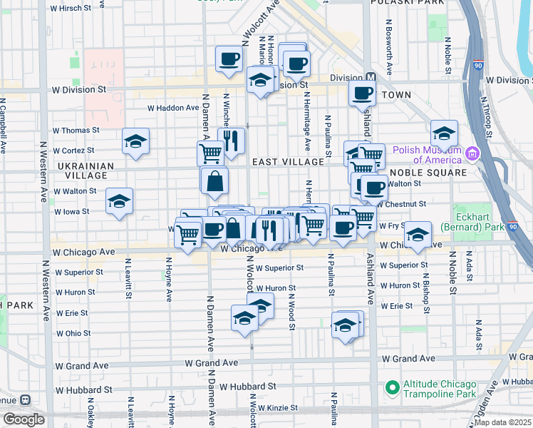 map of restaurants, bars, coffee shops, grocery stores, and more near 1834 West Iowa Street in Chicago
