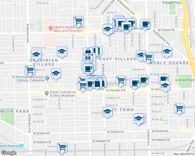 map of restaurants, bars, coffee shops, grocery stores, and more near 902 North Wolcott Avenue in Chicago