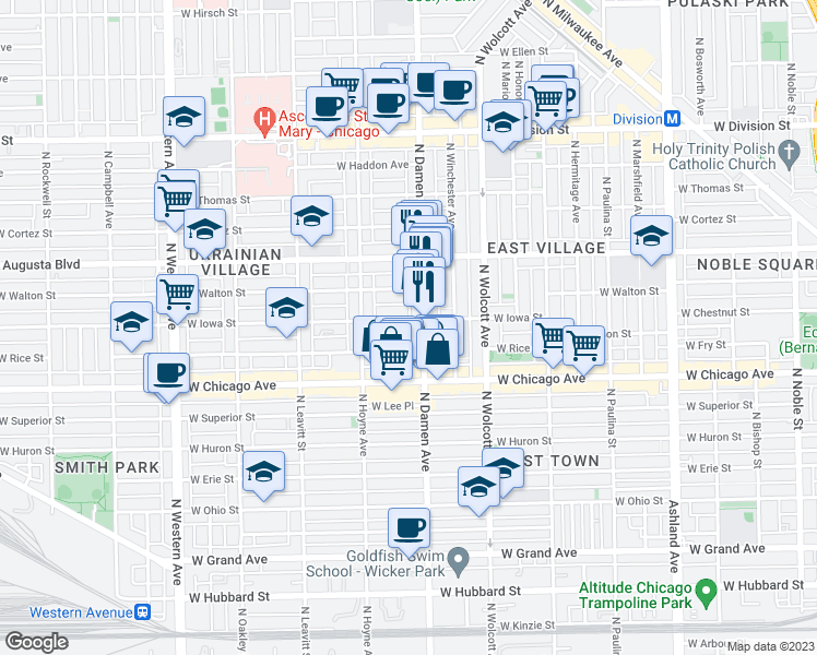 map of restaurants, bars, coffee shops, grocery stores, and more near 2024 West Iowa Street in Chicago