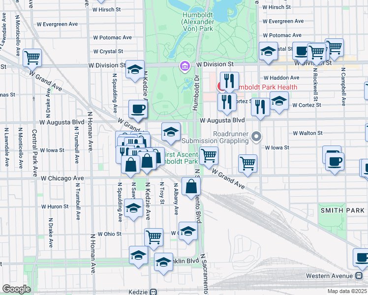 map of restaurants, bars, coffee shops, grocery stores, and more near 882 North Sacramento Drive in Chicago