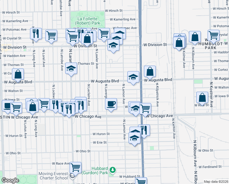 map of restaurants, bars, coffee shops, grocery stores, and more near 4942 West Walton Street in Chicago