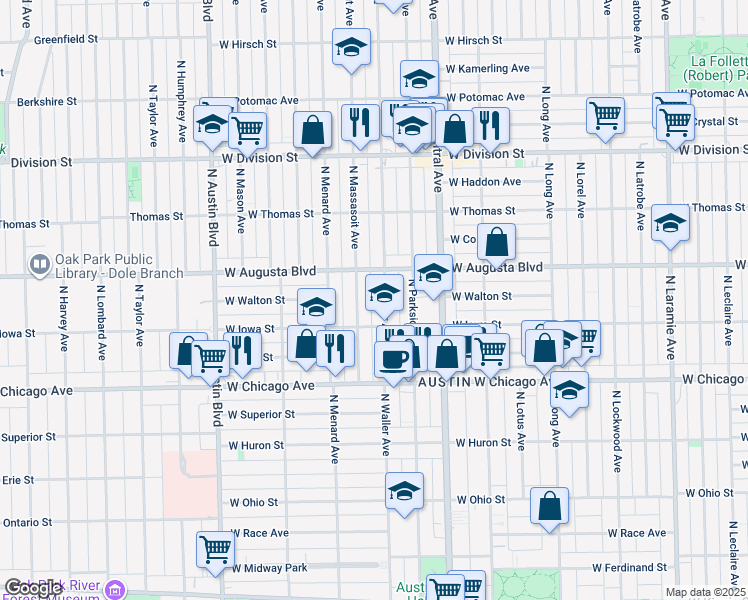 map of restaurants, bars, coffee shops, grocery stores, and more near 944 North Waller Avenue in Chicago