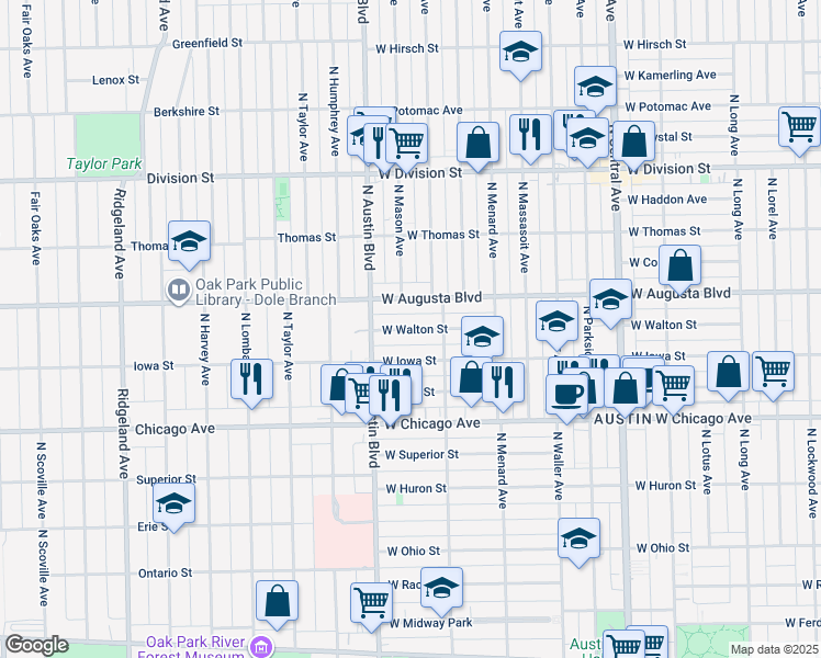 map of restaurants, bars, coffee shops, grocery stores, and more near 5943 West Augusta Boulevard in Chicago