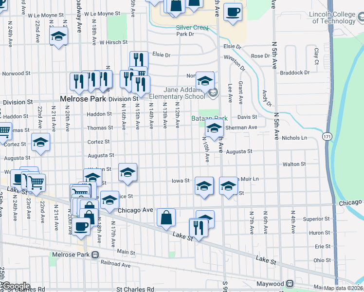 map of restaurants, bars, coffee shops, grocery stores, and more near 1200 North 11th Avenue in Melrose Park