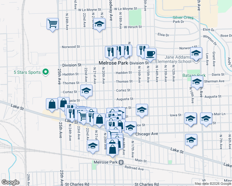 map of restaurants, bars, coffee shops, grocery stores, and more near 1205 North 19th Avenue in Melrose Park