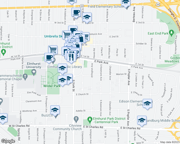 map of restaurants, bars, coffee shops, grocery stores, and more near 130 Arlington Avenue in Elmhurst