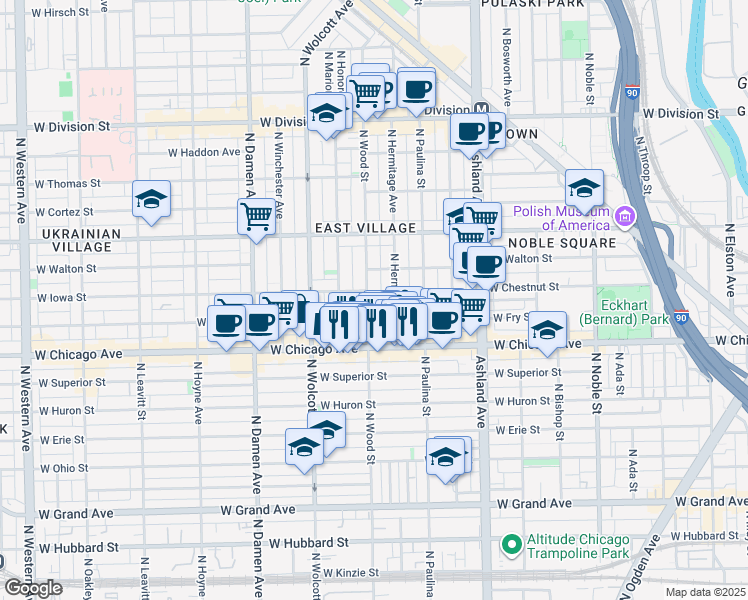 map of restaurants, bars, coffee shops, grocery stores, and more near 851 North Wood Street in Chicago