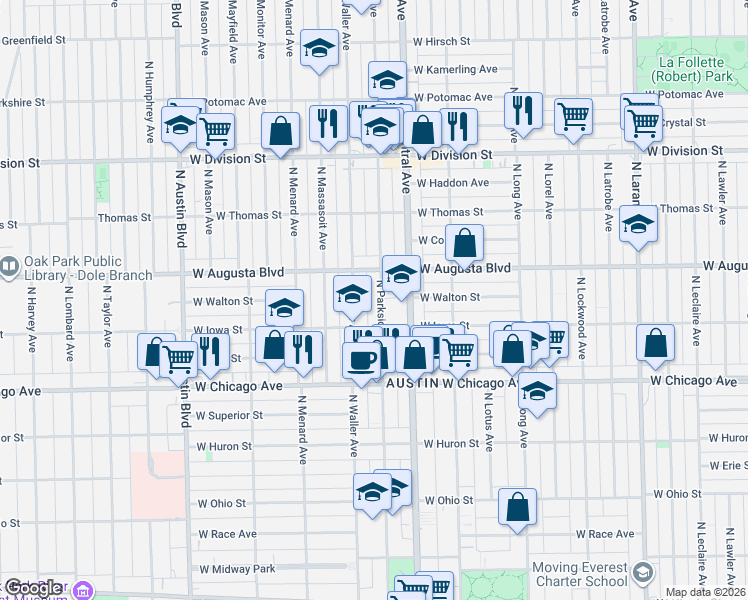 map of restaurants, bars, coffee shops, grocery stores, and more near 945 North Parkside Avenue in Chicago