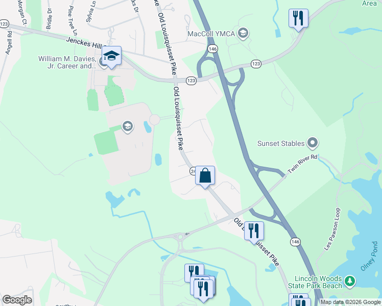 map of restaurants, bars, coffee shops, grocery stores, and more near 1735 Old Louisquisset Pike in Lincoln