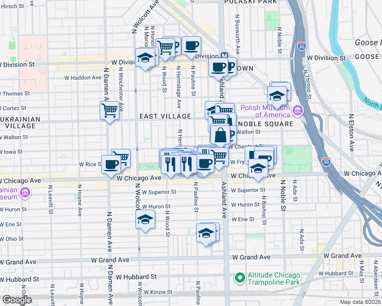map of restaurants, bars, coffee shops, grocery stores, and more near in Chicago