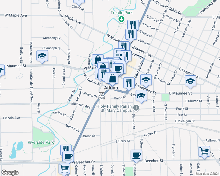 map of restaurants, bars, coffee shops, grocery stores, and more near 100 East Church Street in Adrian