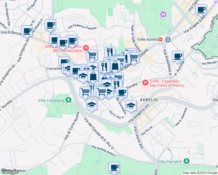 map of restaurants, bars, coffee shops, grocery stores, and more near 344 Via Aurelia in Rome