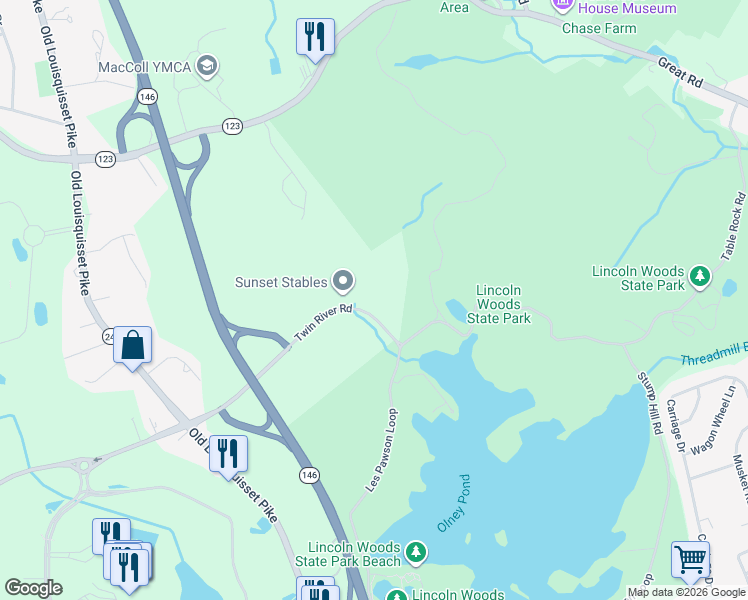 map of restaurants, bars, coffee shops, grocery stores, and more near 1 Twin River Road in Lincoln