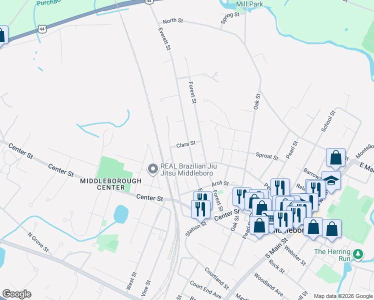map of restaurants, bars, coffee shops, grocery stores, and more near 68 Everett Street in Middleborough