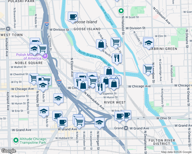 map of restaurants, bars, coffee shops, grocery stores, and more near 1016 West Fry Street in Chicago