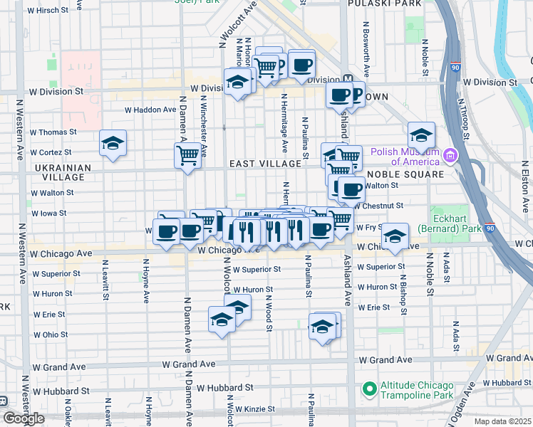 map of restaurants, bars, coffee shops, grocery stores, and more near 855 North Wood Street in Chicago