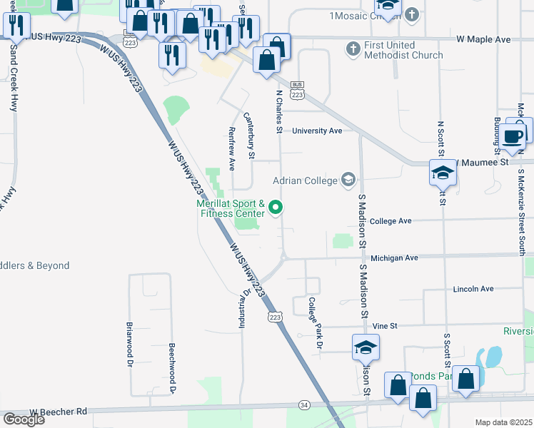 map of restaurants, bars, coffee shops, grocery stores, and more near 146 South Charles Street in Adrian