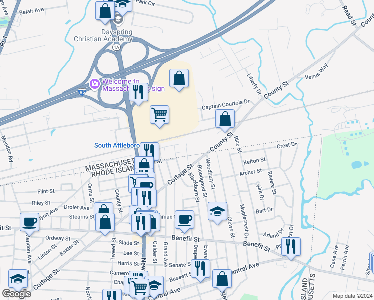 map of restaurants, bars, coffee shops, grocery stores, and more near 54 Burgess Street in Attleboro